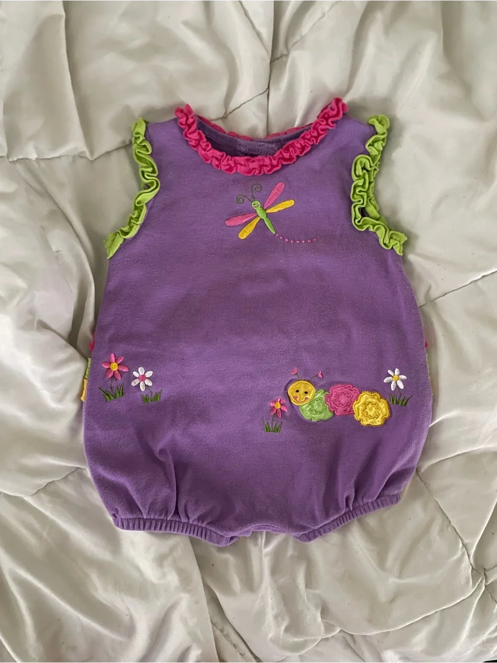 Vintage Y2K Okie Dokie Baby Girl Ruffle Romper Purple Dragonfly Embroidered 3-6m